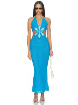 Capittana - Women's Beaded Floral Crochet Halter Maxi Dress Blue