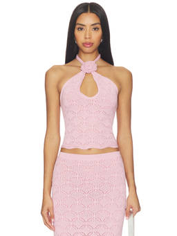Capittana - Christy Women's Halter Keyhole Rosette Knit Crop Top Pink
