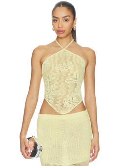 Capittana - Mallory Women's Sheer Floral Knit Halter Neck Crop Top Yellow