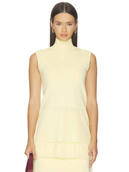 Clea - Tiama Women's Fringe Hem Sleeveless Turtle Neck Knit Top Yellow