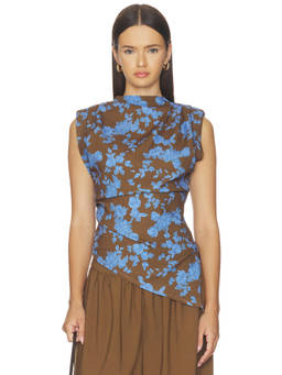 Clea - Women's Floral Print Padded Shoulder Asymmetric Hem Top Blue