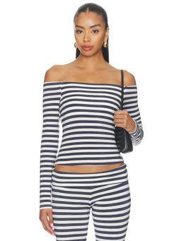 Caroline Constas - Avery Women's Off-Shoulder Striped Knit Top Navy Blue