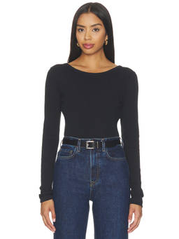 CLOSED - Deep Back Women's Ribbed Cotton Jersey Long Sleeve Top Black