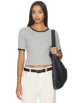 CLOSED - Crew Neck Women's Ribbed Knit Short Sleeve Top Grey