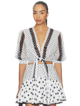 Charo Ruiz Ibiza - Olivar Women's Polka Dot Lace Trim Tie-Up Blouse White