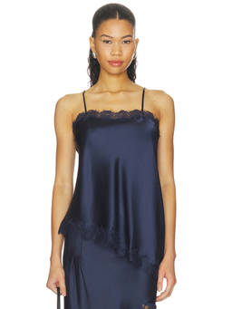 Damson Madder - Tansy Women's Satin Lace Trim Cami Top Navy Blue
