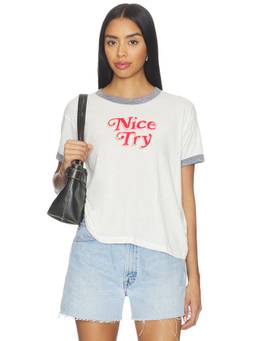 DAYDREAMER - Nice Try Women's Graphic Print Crew Neck Ringer T-Shirt White