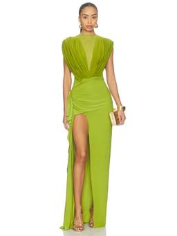 Deme by Gabriella - Peyton Women's Mesh Bodice Draped Maxi Dress Lime Green