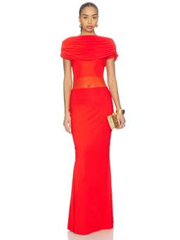Deme by Gabriella - Taylor Women's Off-Shoulder Mesh Panel Maxi Dress Hibiscus