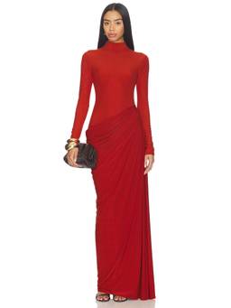 Deme by Gabriella - Women's Draped Mock Neck Maxi Dress Red