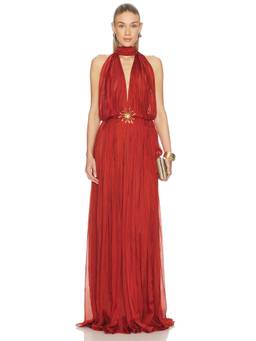 Deme by Gabriella - Melania Women's Pleated Halter Neck Maxi Dress Brick