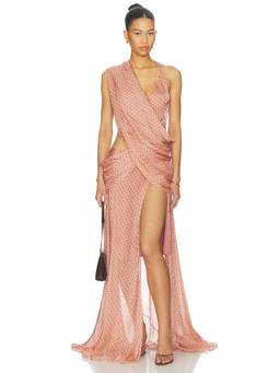 Deme by Gabriella - Zahra Rose Women's Polka Dot Draped Maxi Dress Peach