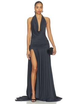 Deme by Gabriella - Meadow Women's Ruched Halter Neck Maxi Dress Dark Ash Grey