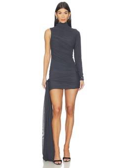 Deme by Gabriella - Obsidia Women's One-Shoulder Draped Mesh Mini Dress Grey