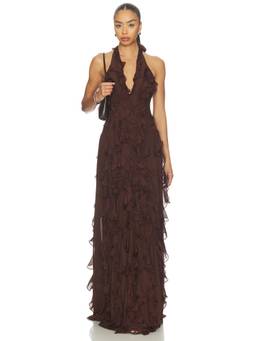 Deme by Gabriella - Ela Women's Ruffled Halter Neck Maxi Dress Brown