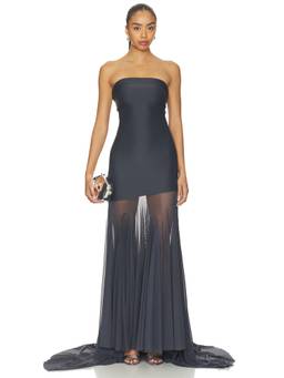 Deme by Gabriella - Dahlia Women's Strapless Sheer Train Maxi Dress Grey