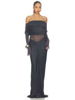 Deme by Gabriella - Jolene Women's Ruched Ruffled Neck Maxi Dress Grey