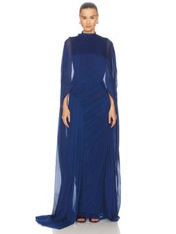 Deme by Gabriella - Aether Women's Cape Detail Ruched Maxi Dress Blue
