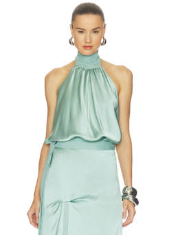 Deme by Gabriella - Symphony Women's Satin Halter Neck Sleeveless Top Green