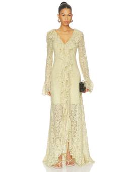 DE LA VALI - Clementina Women's Lace Ruffle V-Neck Maxi Dress Yellow