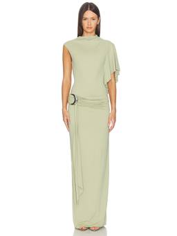 DE LA VALI - Titan Women's One Shoulder Ruched Maxi Dress Green