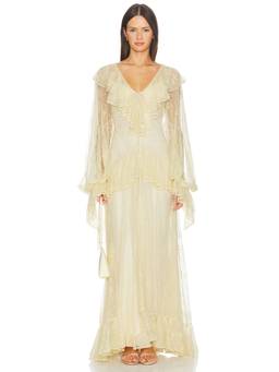 DE LA VALI - Ximena Women's Ruffled Lace Maxi Dress Yellow