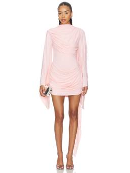 DE LA VALI - Perisa Women's Draped Ruched Flared Sleeve Mini Dress Pink