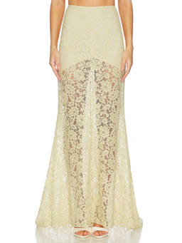 DE LA VALI - Pasion Women's Sheer Lace High Waist Maxi Skirt Yellow