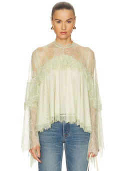 DE LA VALI - Alita Women's Lace Ruffle Trim High Neck Top Mint Green