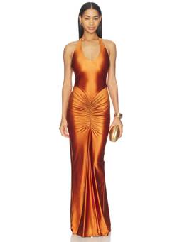 DELFI - Joann Women's Ruched Halter Neck Maxi Dress Copper