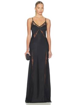 DELFI - Women's Satin Lace Insert Maxi Dress Black