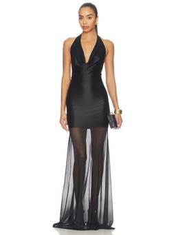 DELFI - Women's Halter Neck Sheer Hem Maxi Dress Black