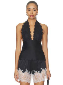 DELFI - Hallie Women's Lace Detail Halter Satin Bodysuit Black