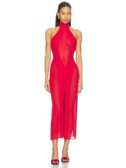 GUIZIO - Koemi Women's Sheer Halter Neck Sleeveless Maxi Dress Red