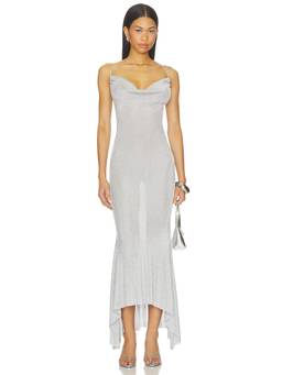 GUIZIO - Elsie Women's Metallic Cowl Neck Midi Dress Silver