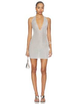 GUIZIO - Millie Halter Women's Metallic Knit Bodycon Mini Dress Silver