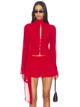 GUIZIO - Ara Women's Chiffon Full Sleeves High Neck Top Red