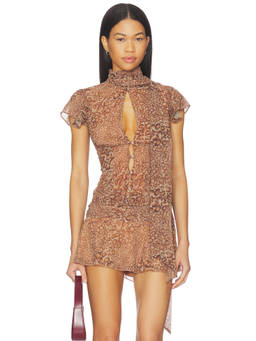 GUIZIO - Ara Women's Leopard Print Keyhole Georgette Blouse Brown