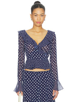 GUIZIO - Mallorca Women's Polka Dot Ruffle Wrap Top Navy Blue