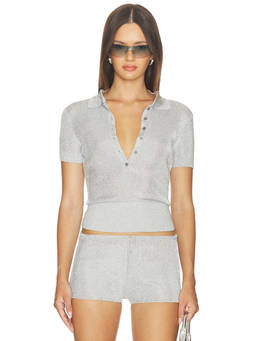 GUIZIO - Mateo Women's Sheer Metallic Knit Polo Top Silver