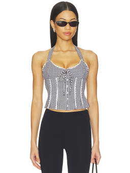 GUIZIO - Marini Gingham Women's Halter Neck Corset Top Black & White