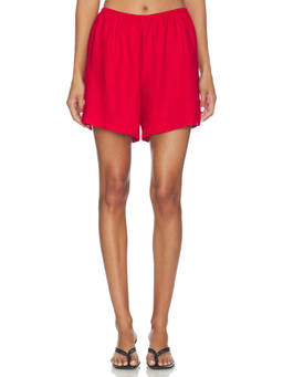 DONNI. - Linen Midi Women's Pull-On Elastic Waist Shorts Red