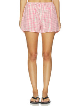 DONNI. - Cotton Gingham Women's Pull-On Seersucker Shorts Rhubarb