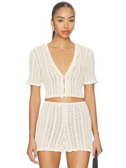 DEVON WINDSOR - Sheer Knit Women's Ruffled V-Neck Crop Top Beige