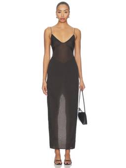 EAVES - Idunn Women's Sheer Chiffon V-Neck Maxi Dress Olive