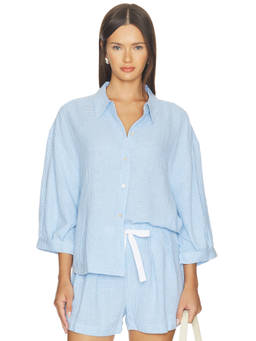 eberjey - Linen Blend Women's Relaxed Button-Front Sleep Top Blue