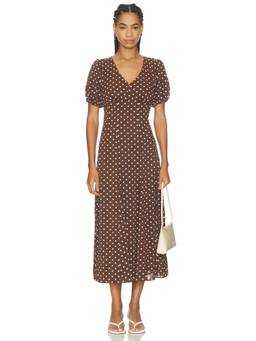 Elodie the Label - Poplin Women's Polka Dot Puff Sleeve Midi Dress Brown