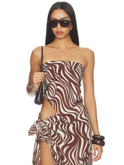 Enza Costa - Wave Print Women's Strapless Tie-Up Crop Top Brown
