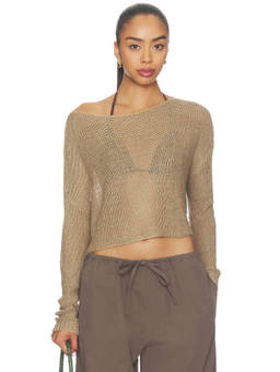 Enza Costa - Linen Open Bateau Women's Sheer Open Knit Crop Top Beige