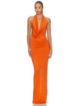 Eterne - Gisele Women's Ribbed Halter Plunging Maxi Dress Orange